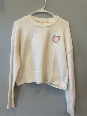 Cream crewneck slightly cropped sweater  with Pink Heart Patch